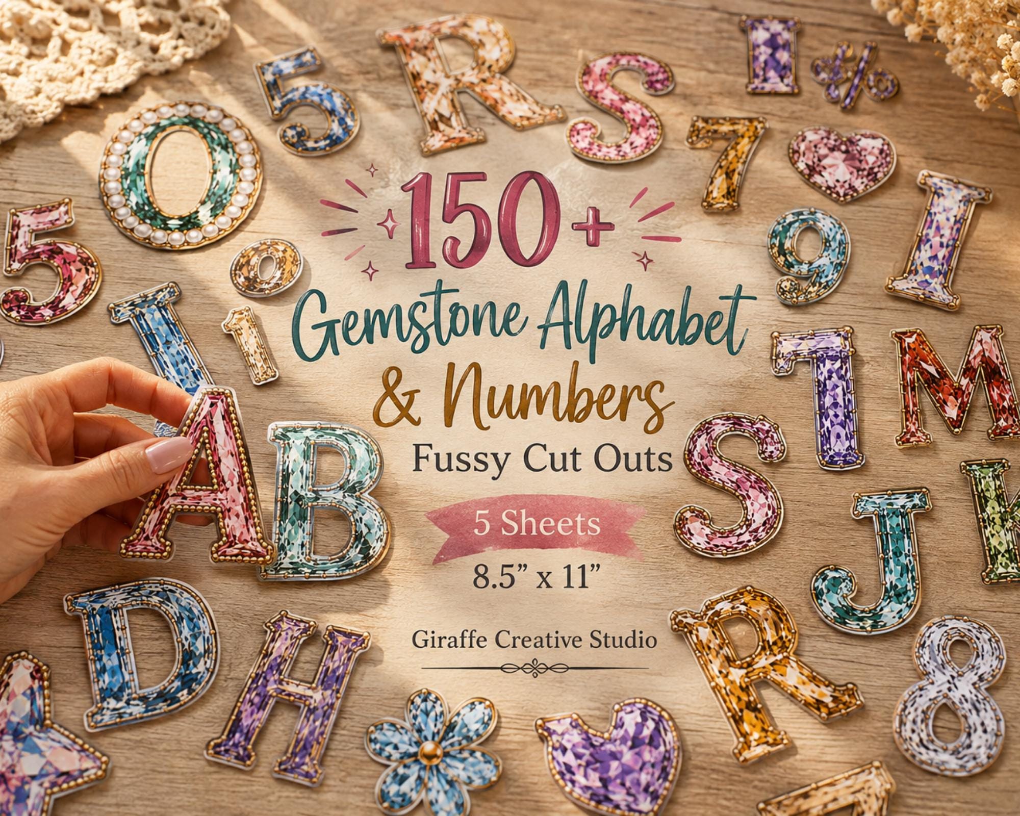 Gemstone Alphabet Fussy Cuts, 150+ Jewel Letters & Numbers, 5 Printable Sheets for Journals