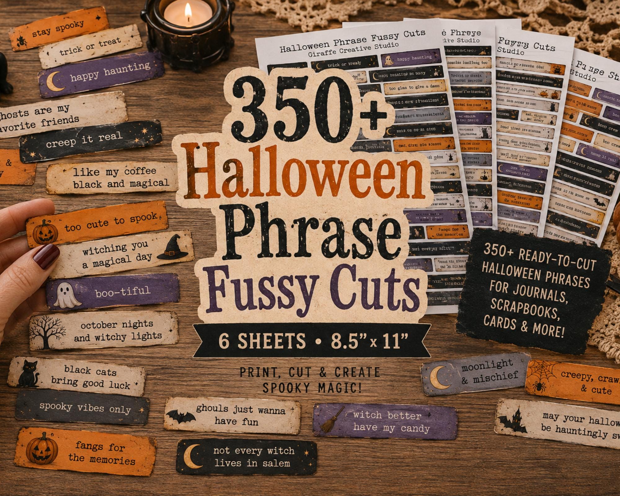350+ Halloween Phrase Fussy Cuts Printable, Spooky Words Quote Strips, Witchy Text Ephemera for Junk Journal, Scrapbook, Collage Card Making