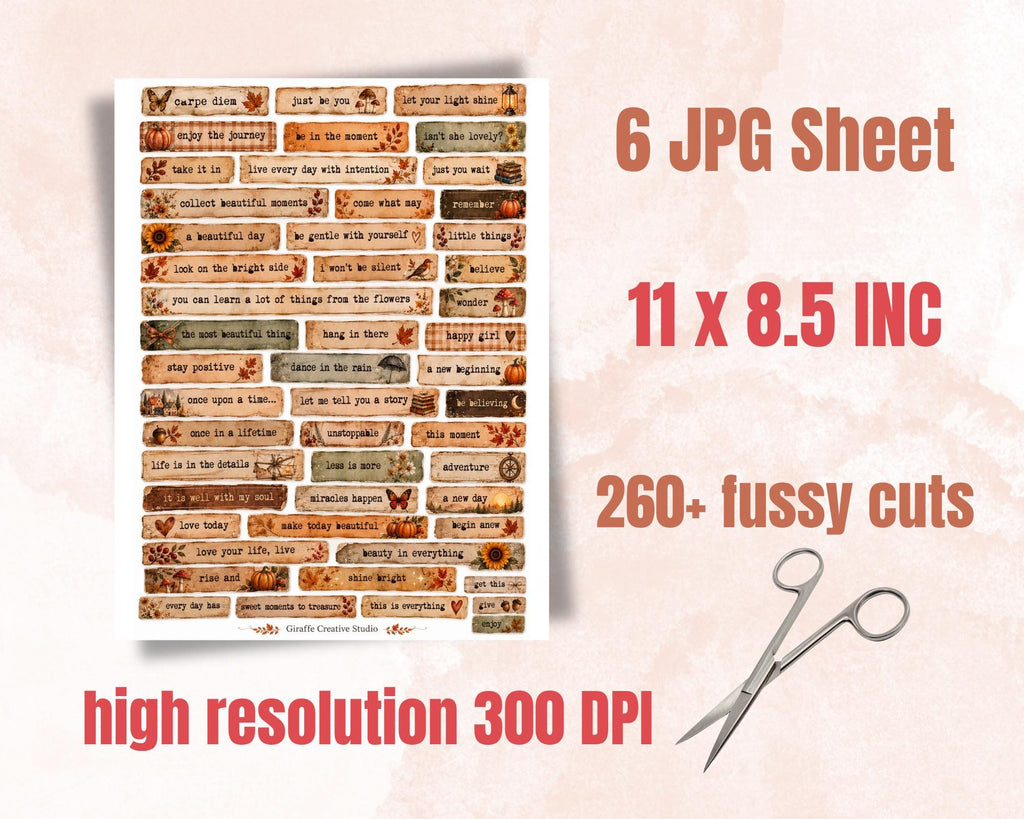 260+ Autumn Phrase Fussy Cuts Printable, Fall Words & Quote Strips, Cozy Seasonal Ephemera for Junk Journal, Scrapbook, Collage Card Making