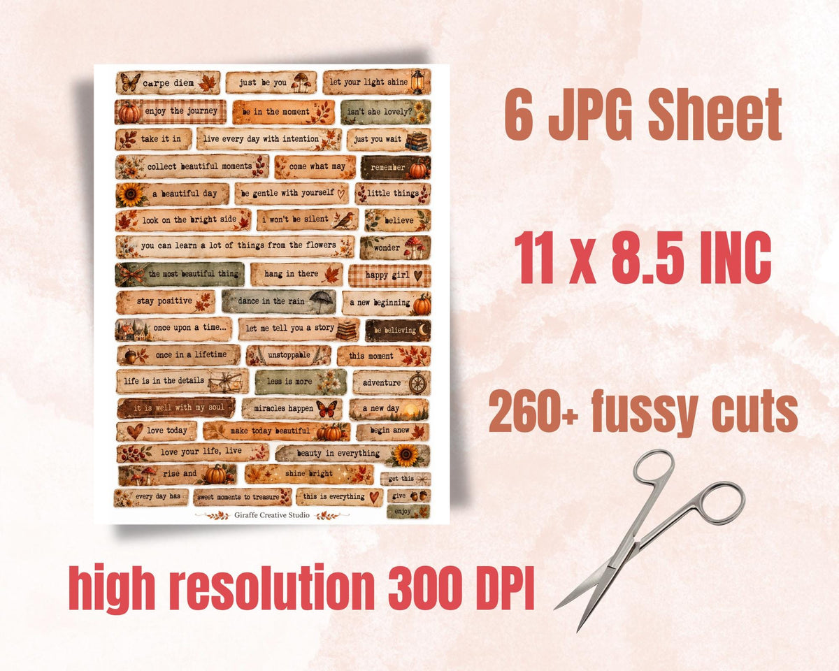 260+ Autumn Phrase Fussy Cuts Printable, Fall Words & Quote Strips, Cozy Seasonal Ephemera for Junk Journal, Scrapbook, Collage Card Making
