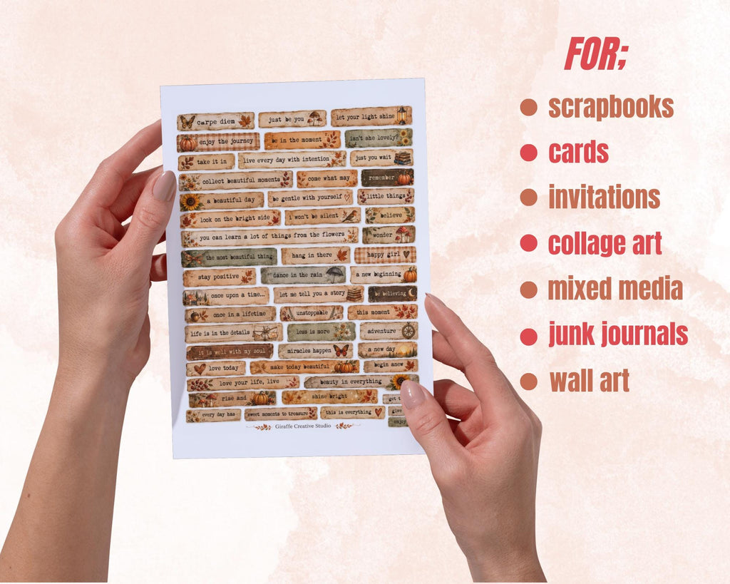 260+ Autumn Phrase Fussy Cuts Printable, Fall Words & Quote Strips, Cozy Seasonal Ephemera for Junk Journal, Scrapbook, Collage Card Making