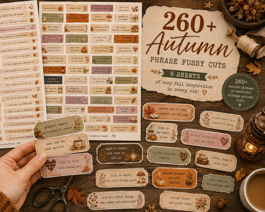 260+ Autumn Phrase Fussy Cuts Printable, Fall Words & Quote Strips, Cozy Seasonal Ephemera for Junk Journal, Scrapbook, Collage Card Making