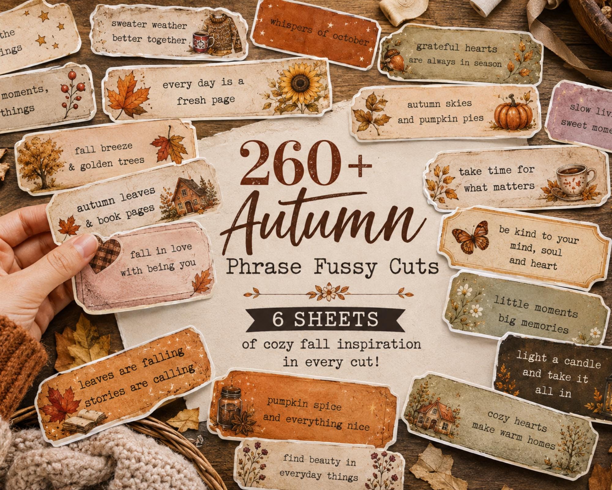 260+ Autumn Phrase Fussy Cuts Printable, Fall Words & Quote Strips, Cozy Seasonal Ephemera for Junk Journal, Scrapbook, Collage Card Making