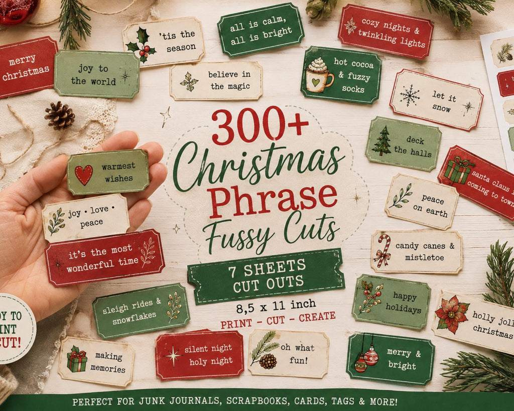 300+ Christmas Phrase Fussy Cuts Printable, Holiday Words & Quote Strips, Festive Text Ephemera for Journal, Scrapbook, Collage Card Making
