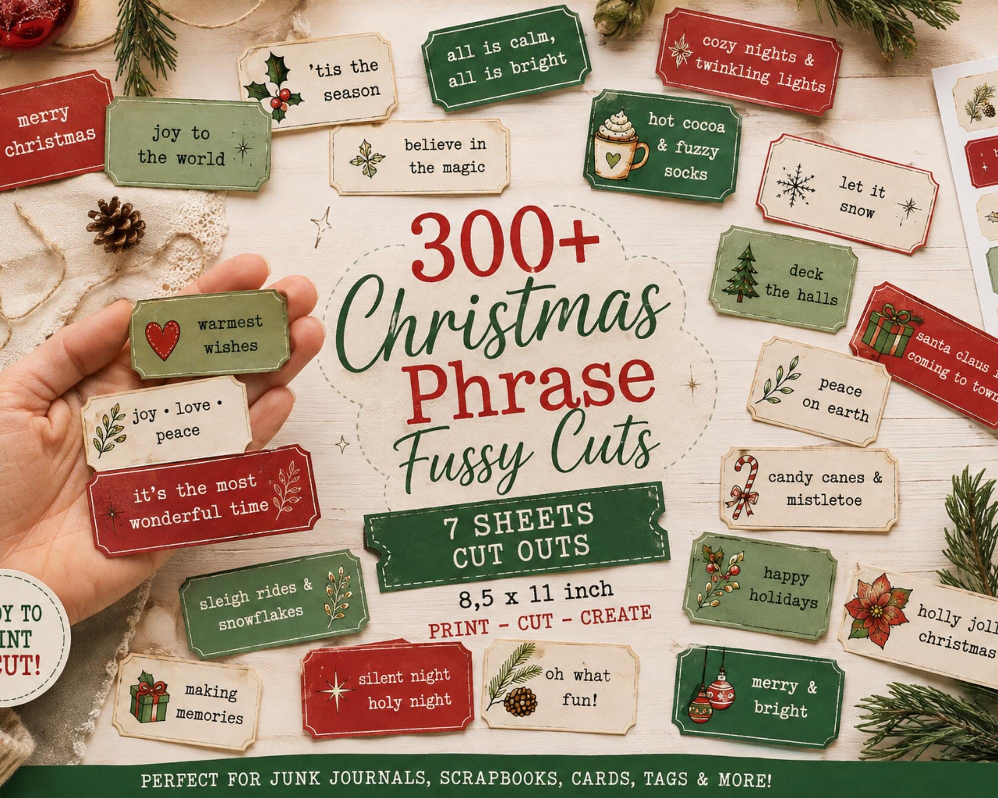 300+ Christmas Phrase Fussy Cuts Printable, Holiday Words & Quote Strips, Festive Text Ephemera for Journal, Scrapbook, Collage Card Making