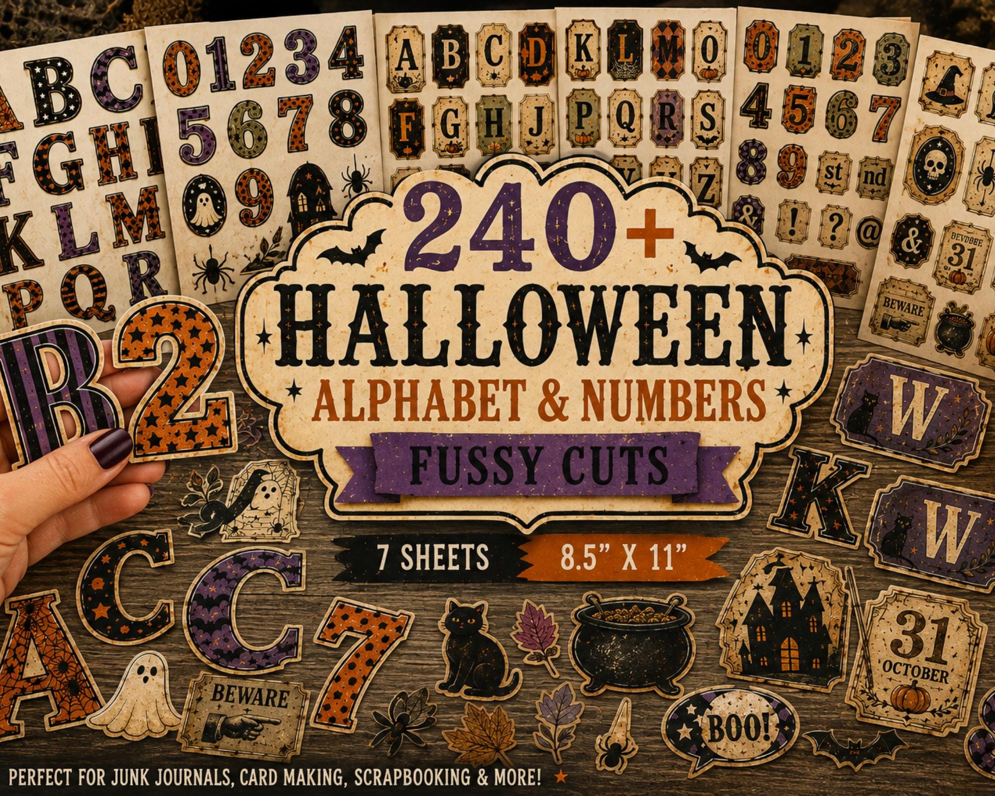 240+ Halloween Alphabet & Numbers Printable, Spooky Letters and Number Fussy Cuts, Witchy Alphabet for Junk Journal, Scrapbook, Collage