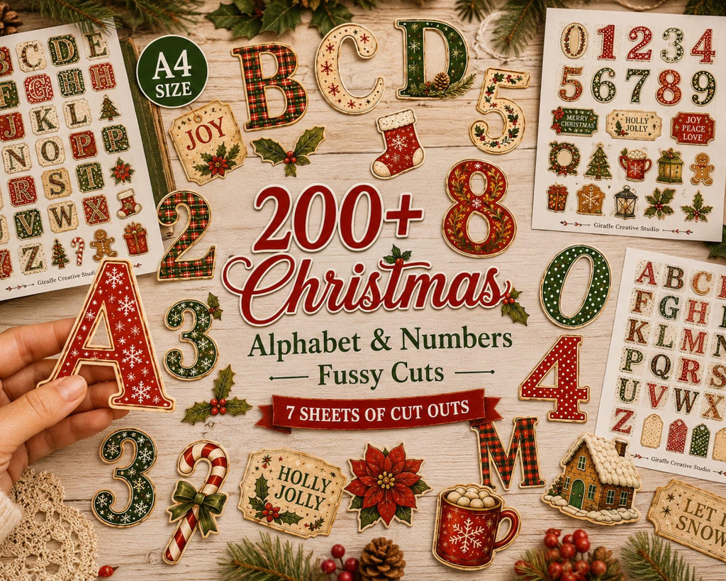 200+ Christmas Alphabet & Numbers Printable, Festive Letters and Number Fussy Cuts, Holiday Alphabet for Junk Journal, Scrapbook, Collage