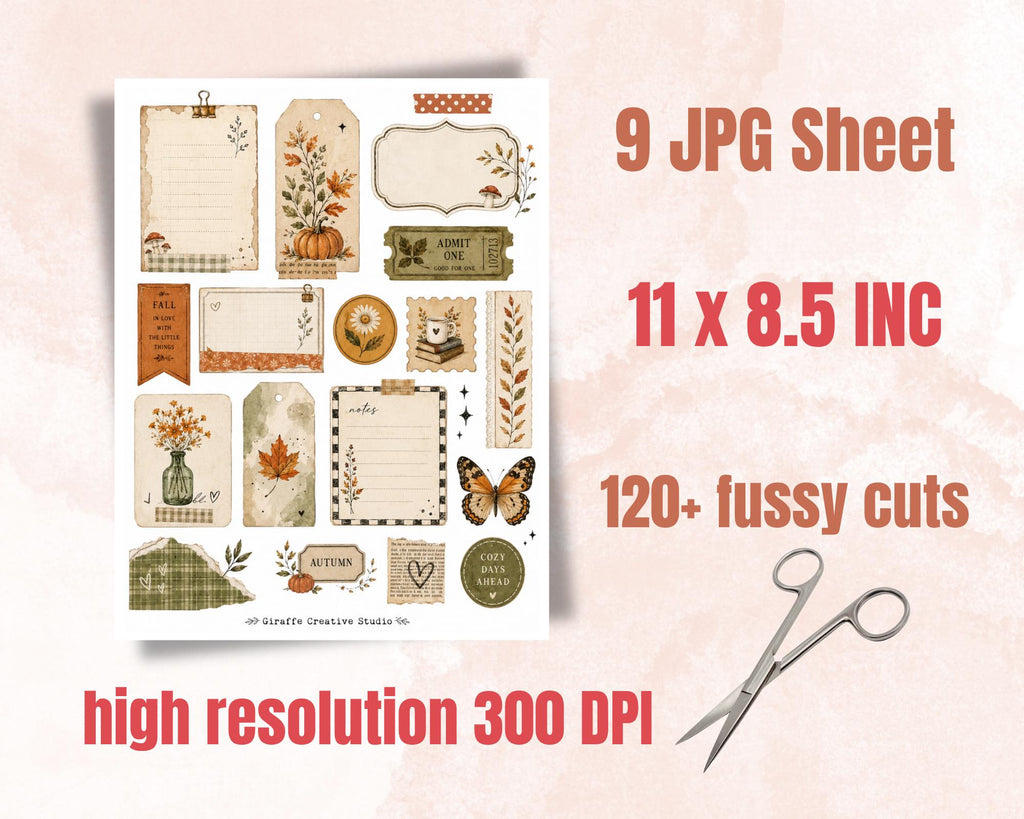 120+ Autumn Ephemera Fussy Cuts Printable, Fall Junk Journal Cut Outs, Seasonal Collage Elements for Scrapbook, Card Making & Paper Crafts