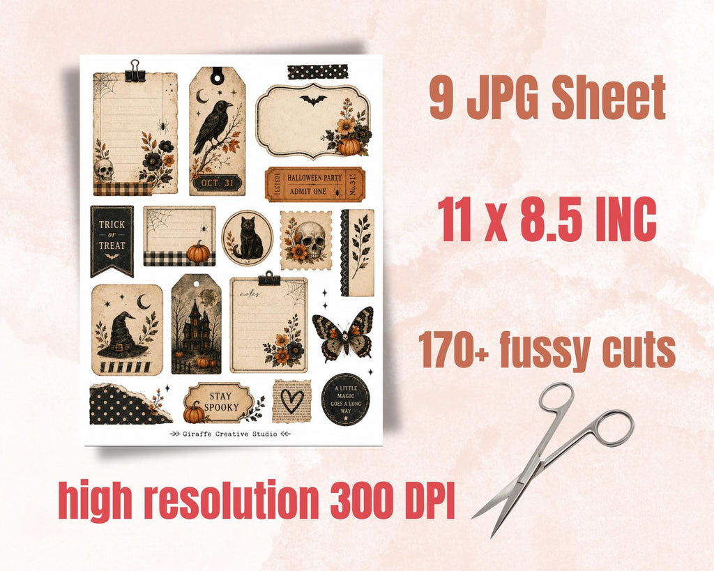 170+ Halloween Ephemera Fussy Cuts Printable, Spooky Journal Cut Outs, Witchy Vintage Collage Elements for Scrapbook, Card Making & Crafts