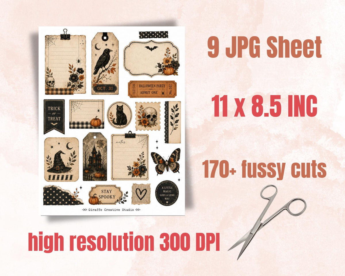 170+ Halloween Ephemera Fussy Cuts Printable, Spooky Journal Cut Outs, Witchy Vintage Collage Elements for Scrapbook, Card Making & Crafts