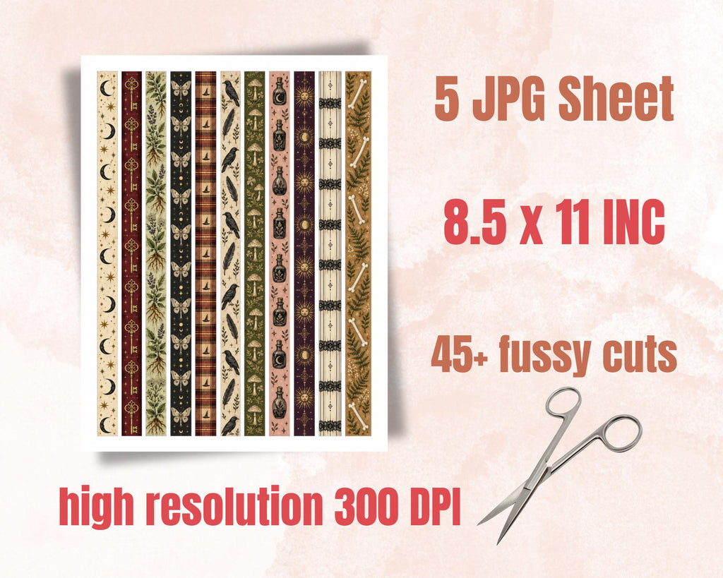 Printable Witchy Washi Tape – 45 Vintage Halloween Washi Strips for Junk Journal