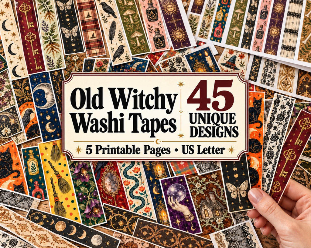 Printable Witchy Washi Tape – 45 Vintage Halloween Washi Strips for Junk Journal