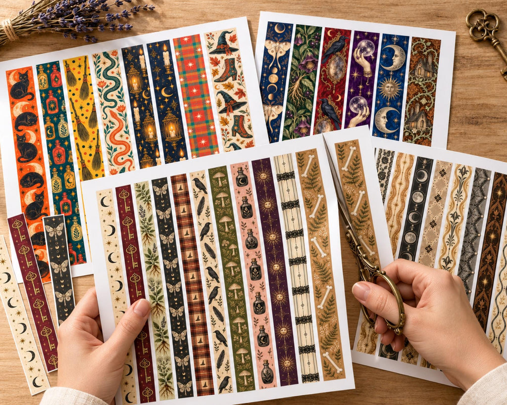 Printable Witchy Washi Tape – 45 Vintage Halloween Washi Strips for Junk Journal