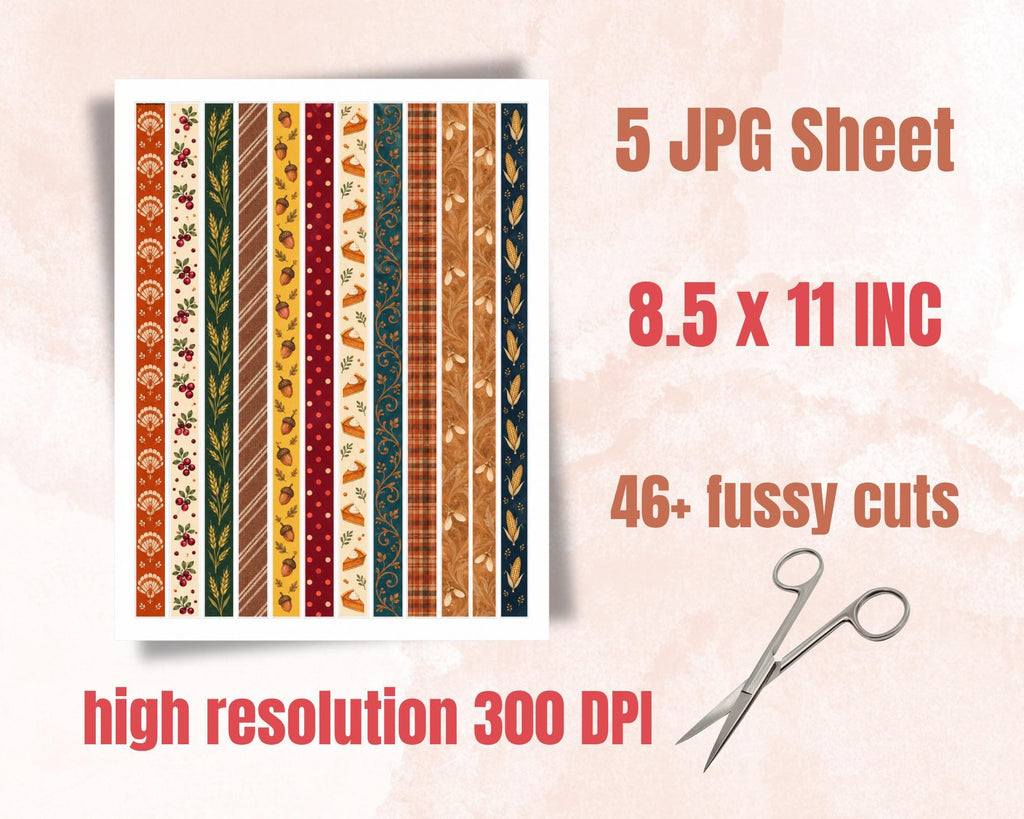 Printable Thanksgiving Washi Tape – 46 Fall Harvest Washi Strips for Junk Journal