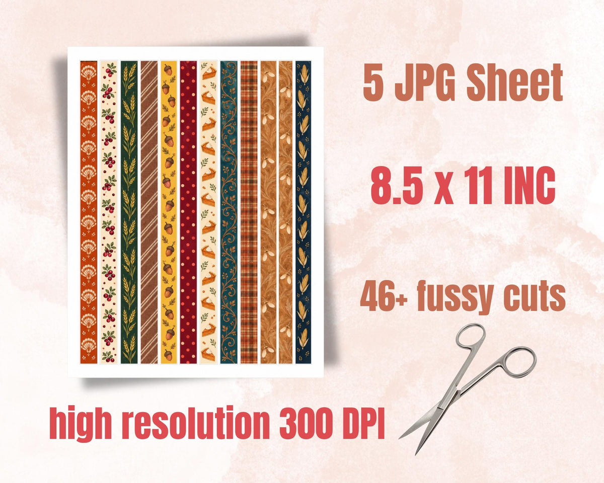 Printable Thanksgiving Washi Tape – 46 Fall Harvest Washi Strips for Junk Journal