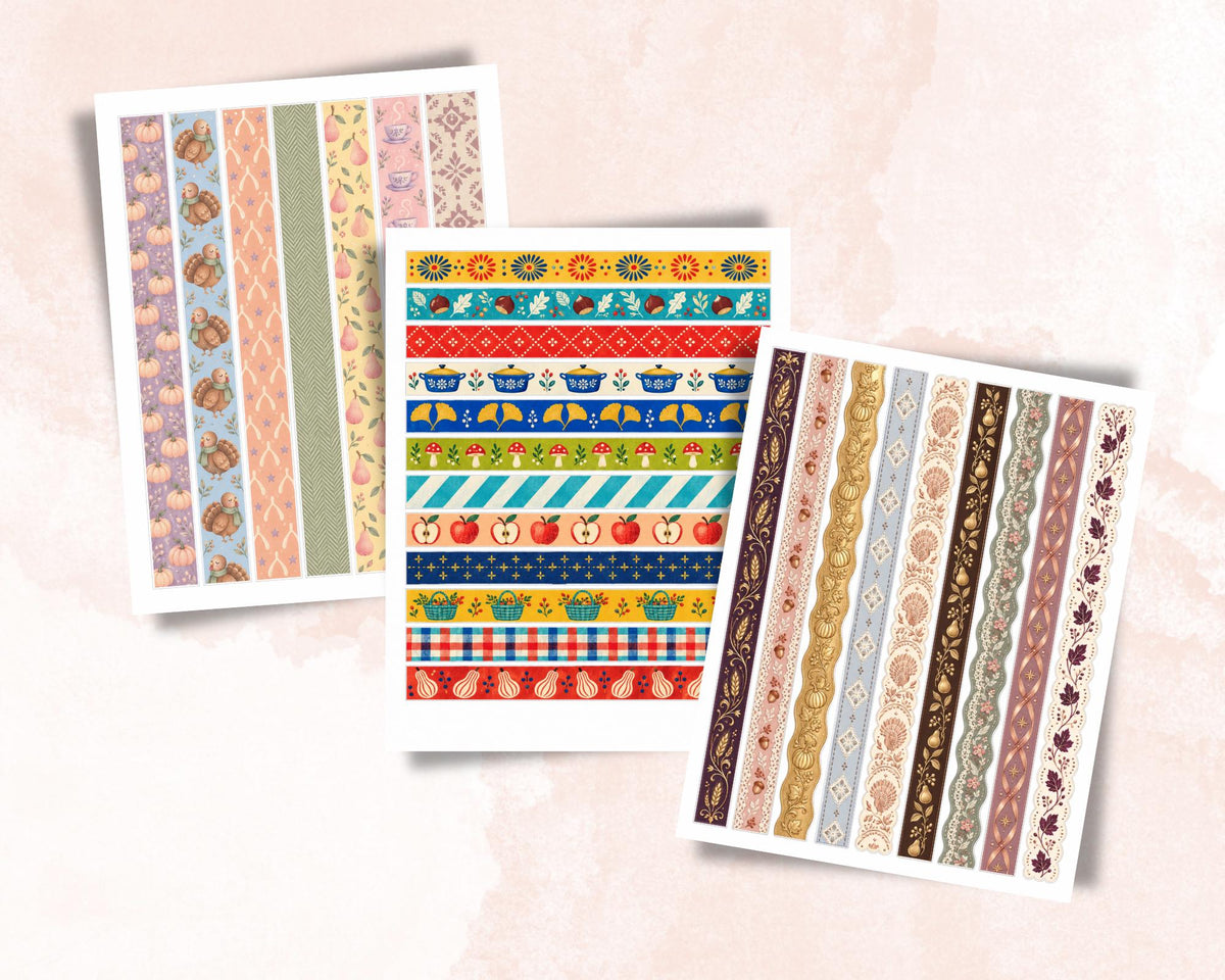 Printable Thanksgiving Washi Tape – 46 Fall Harvest Washi Strips for Junk Journal