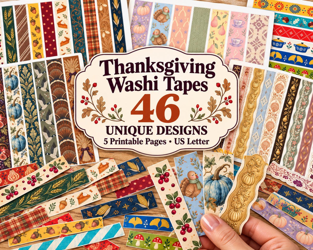 Printable Thanksgiving Washi Tape – 46 Fall Harvest Washi Strips for Junk Journal