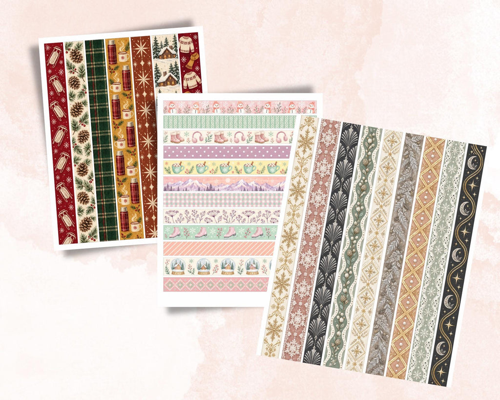 Printable Winter Washi Tape – 45 Snowy Washi Strips for Junk Journal