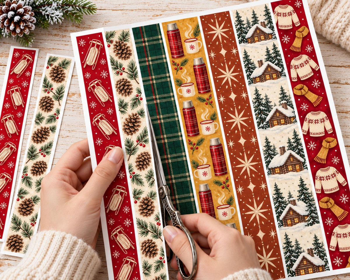 Printable Winter Washi Tape – 45 Snowy Washi Strips for Junk Journal