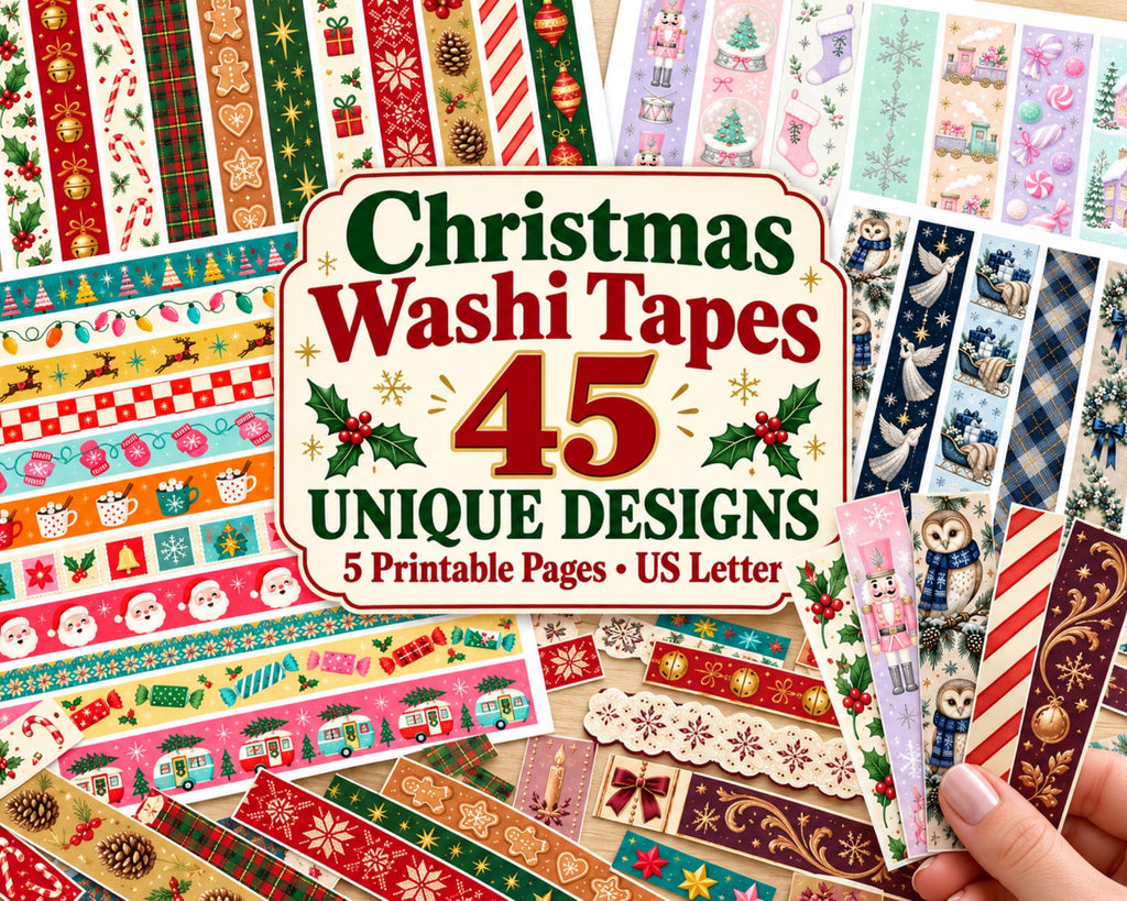 Printable Christmas Washi Tape – 45 Holiday Washi Strips for Junk Journal