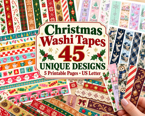 Printable Christmas Washi Tape – 45 Holiday Washi Strips for Junk Journal