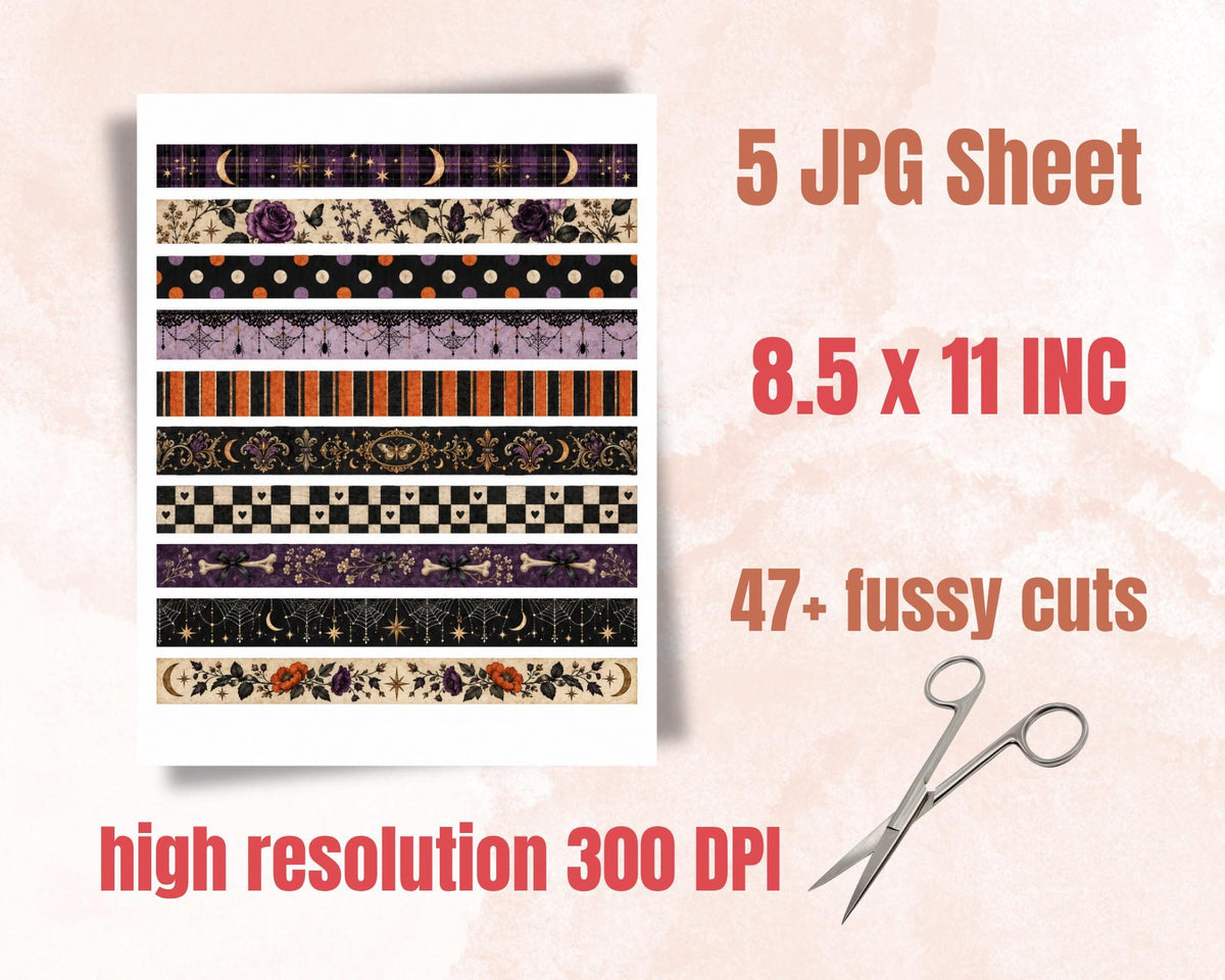 Printable Gothic Washi Tape – 47 Dark Victorian Spooky Washi Strips for Junk Journal & Grimoire