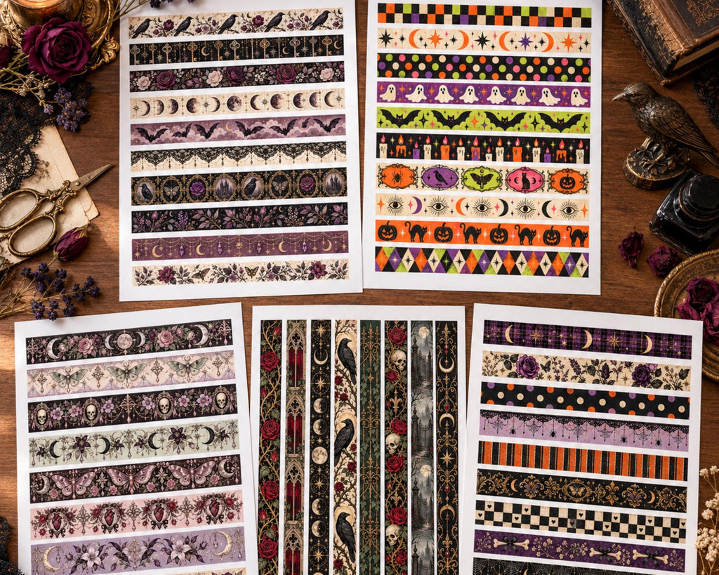 Printable Gothic Washi Tape – 47 Dark Victorian Spooky Washi Strips for Junk Journal & Grimoire