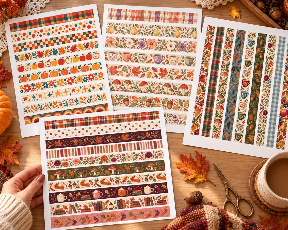 Printable Autumn Washi Tape – 47 Cozy Fall Washi Strips for Junk Journal