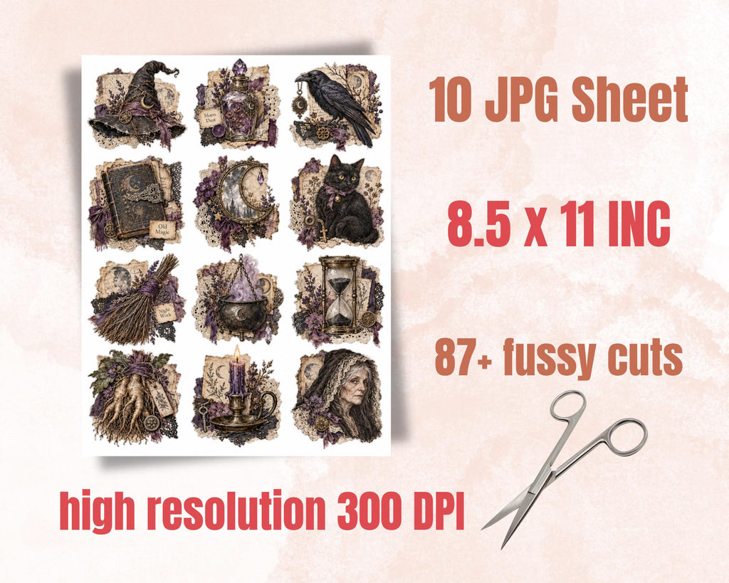 Witchy Ephemera Clusters – 84 Printable Vintage Witch Snippets for Junk Journal