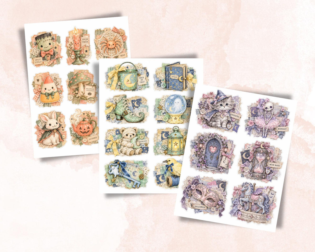 Pastel Halloween Ephemera Clusters – 84 Printable Pink Spooky Snippets for Junk Journal