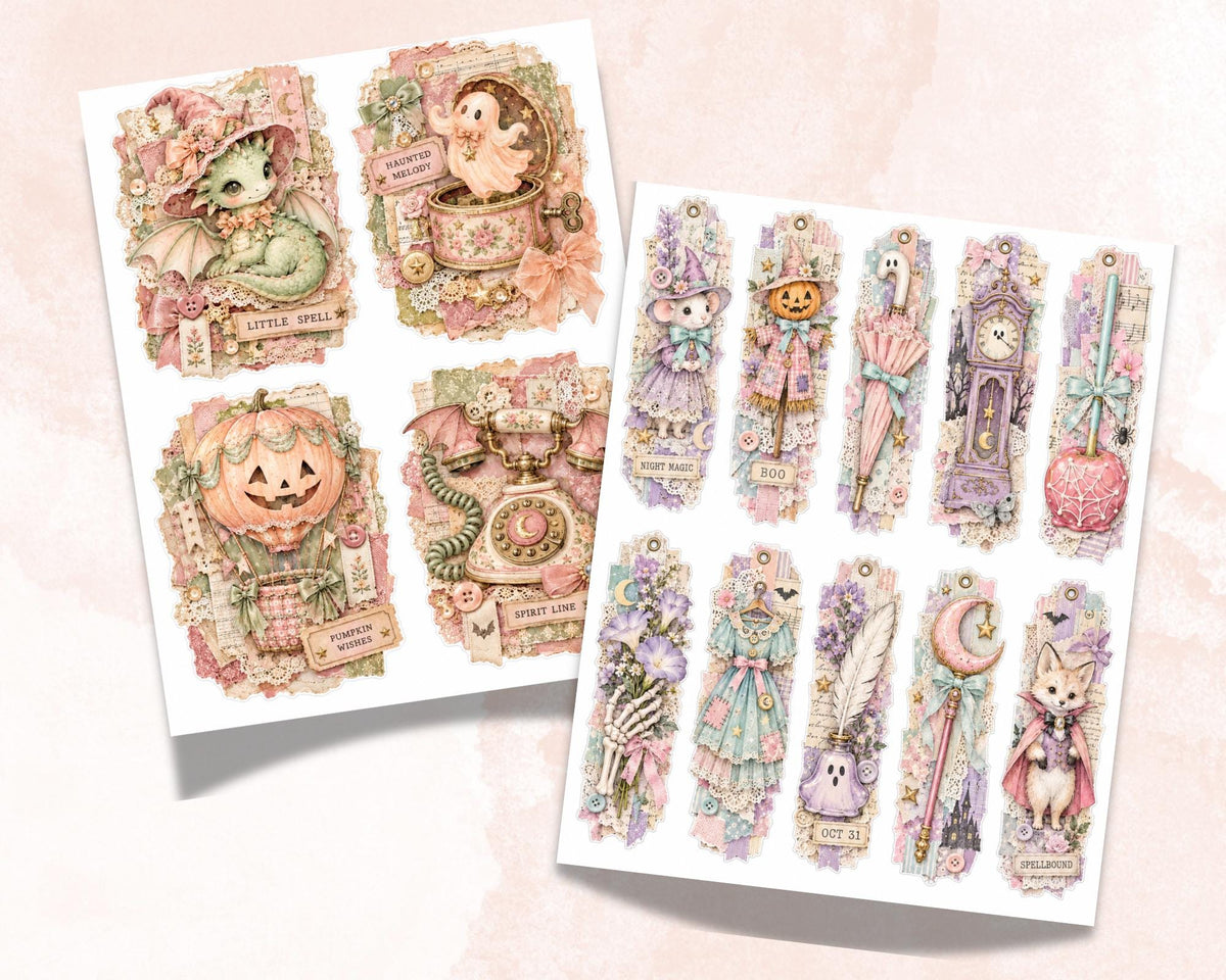 Pastel Halloween Ephemera Clusters – 84 Printable Pink Spooky Snippets for Junk Journal