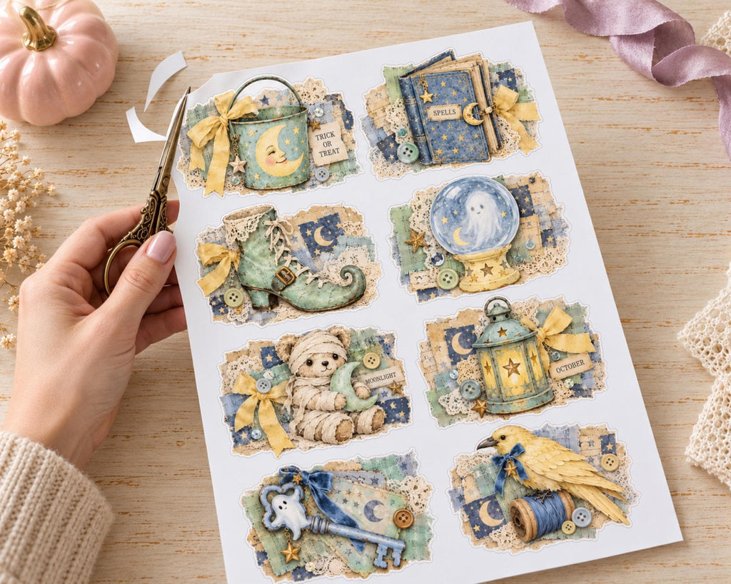 Pastel Halloween Ephemera Clusters – 84 Printable Pink Spooky Snippets for Junk Journal