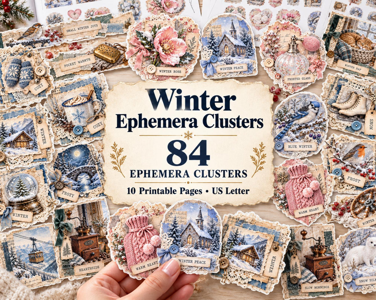 Winter Ephemera Clusters – 84 Printable Snowy Snippets for Junk Journal