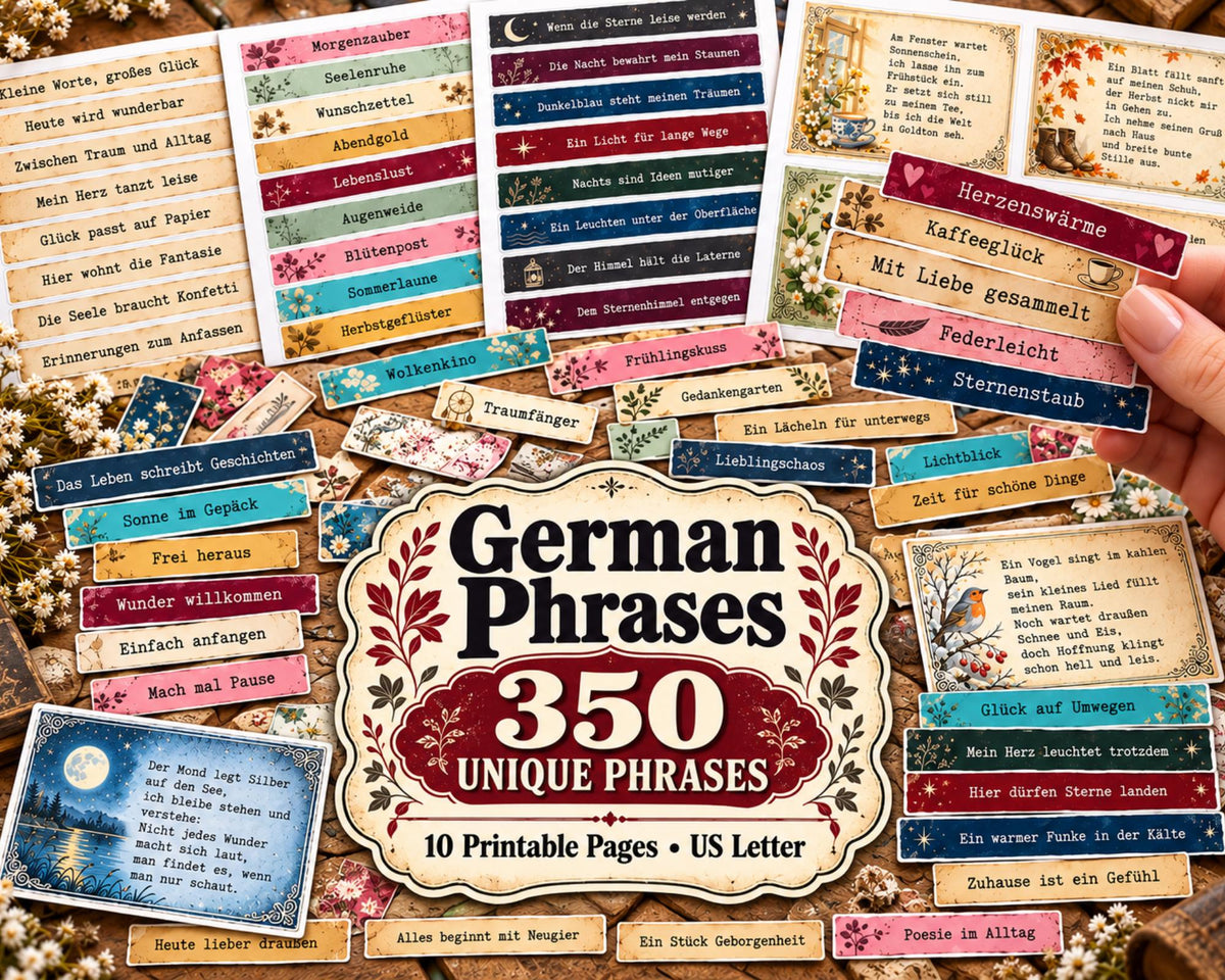 German Phrases for Junk Journal – 350 Printable Vintage Word Strips