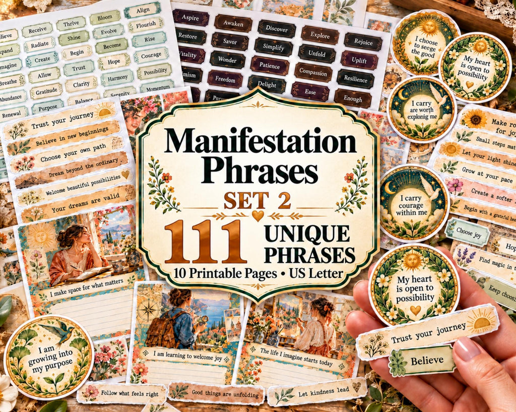 Manifestation Phrases Set 2 – 111 Printable Affirmation Labels for Junk Journal