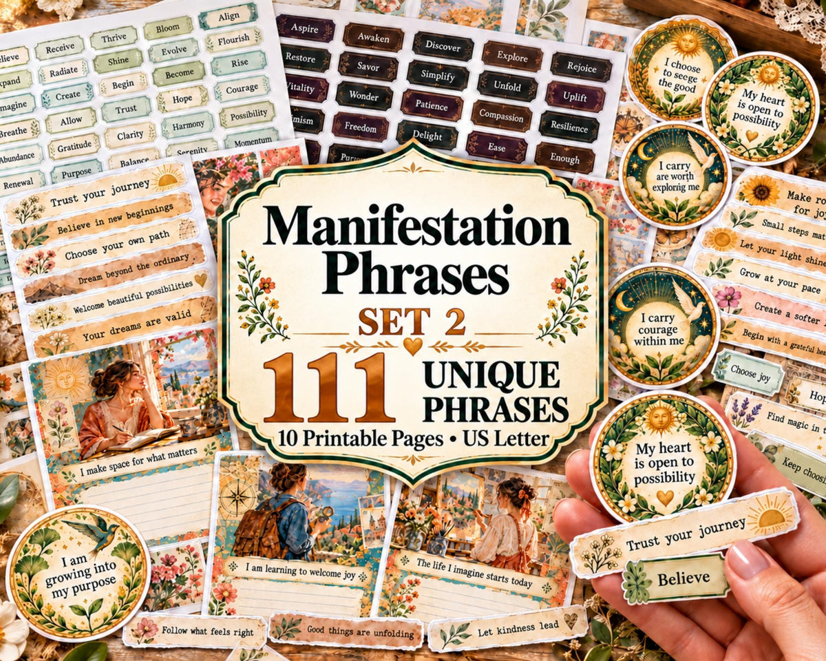 Manifestation Phrases Set 2 – 111 Printable Affirmation Labels for Junk Journal