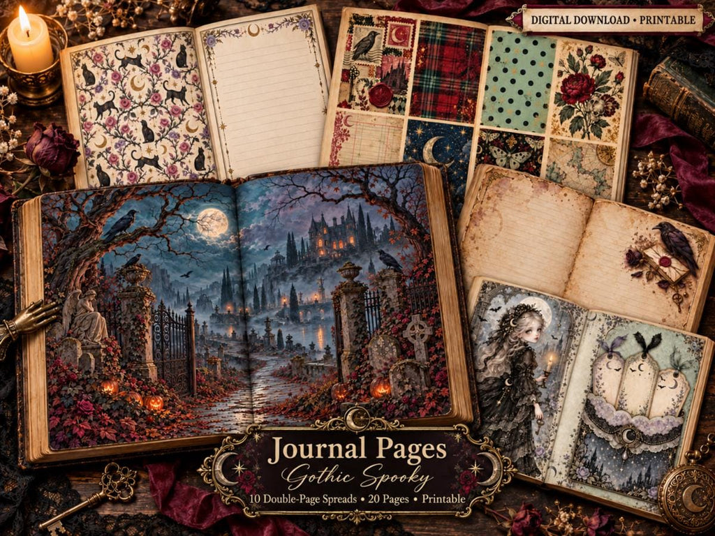 Gothic Junk Journal Pages – Printable Spooky Landscape Spreads