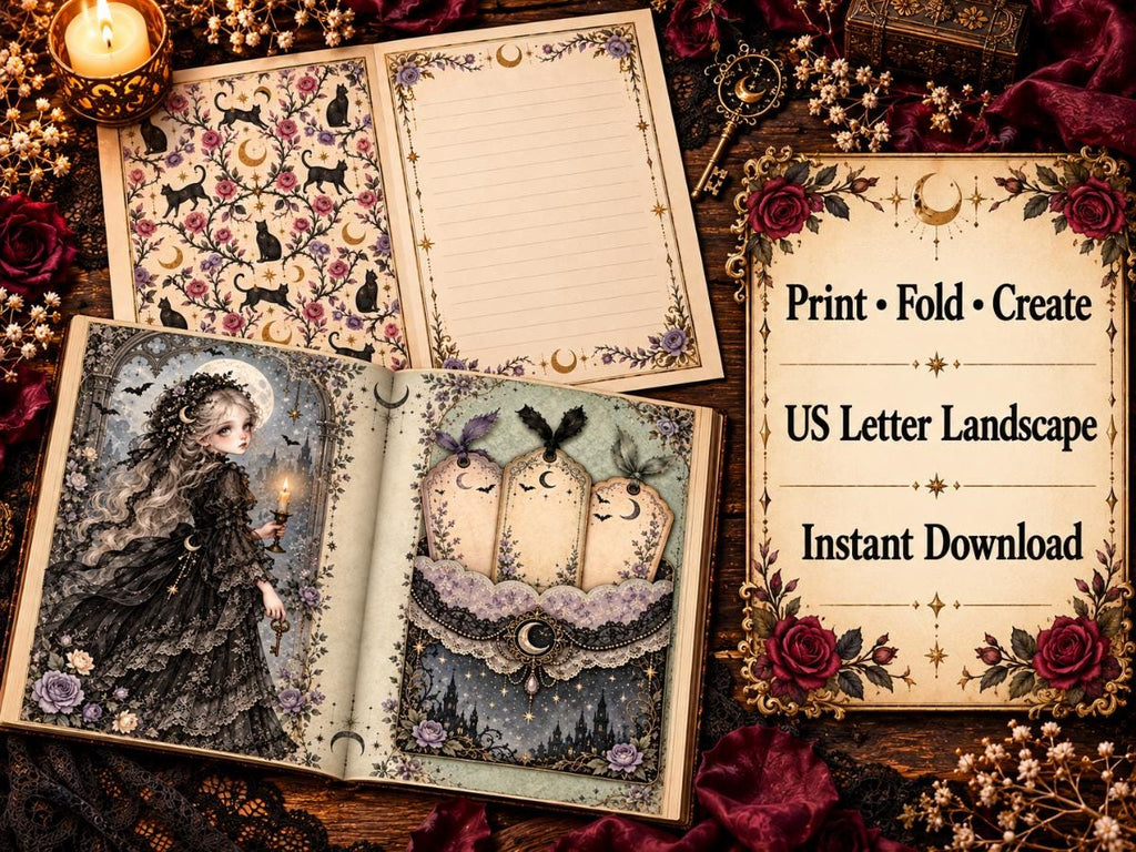 Gothic Junk Journal Pages – Printable Spooky Landscape Spreads