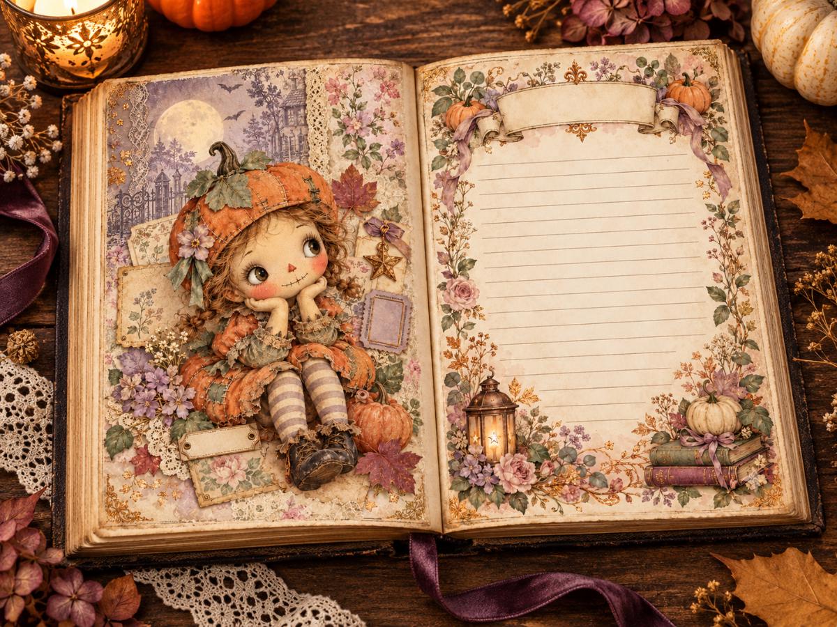Halloween Junk Journal Pages – Printable Whimsical Landscape Spreads