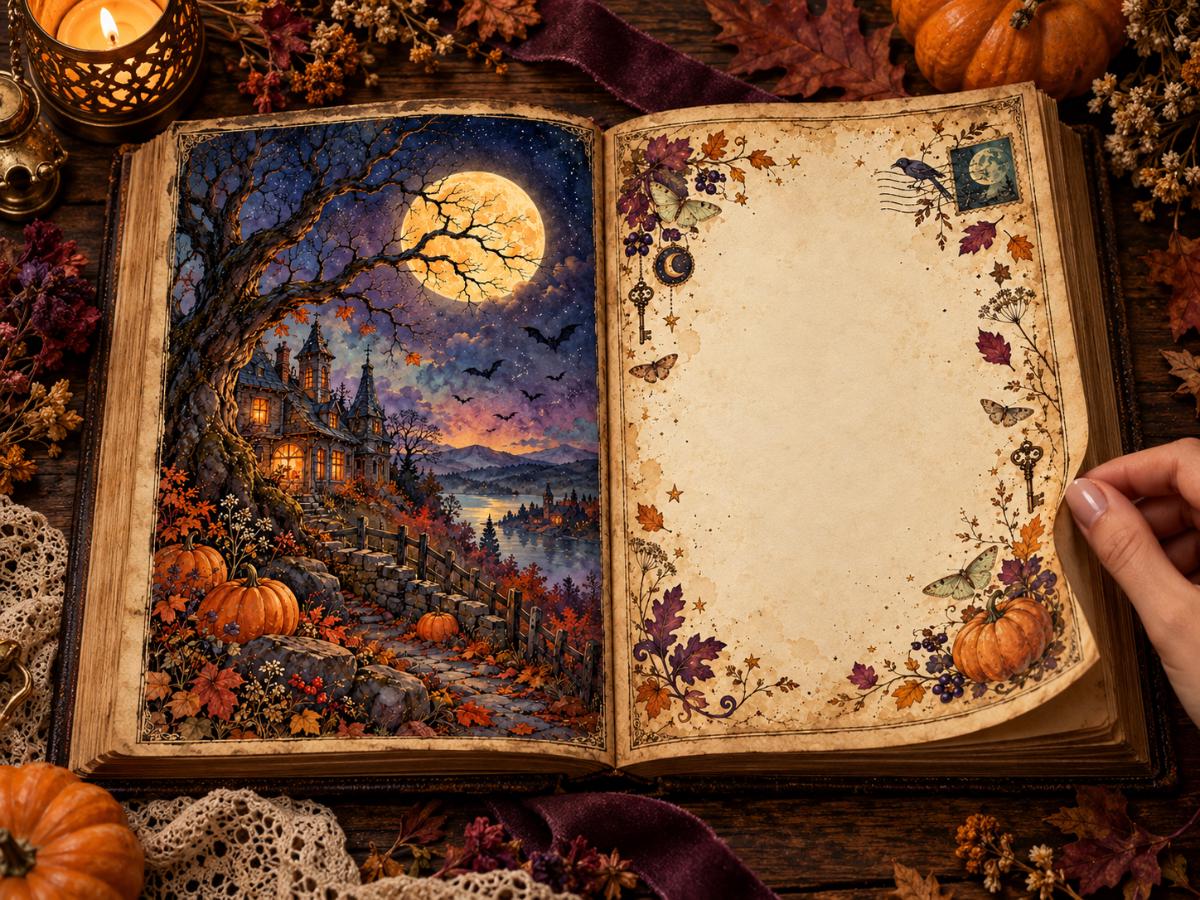 Halloween Junk Journal Pages – Printable Whimsical Landscape Spreads