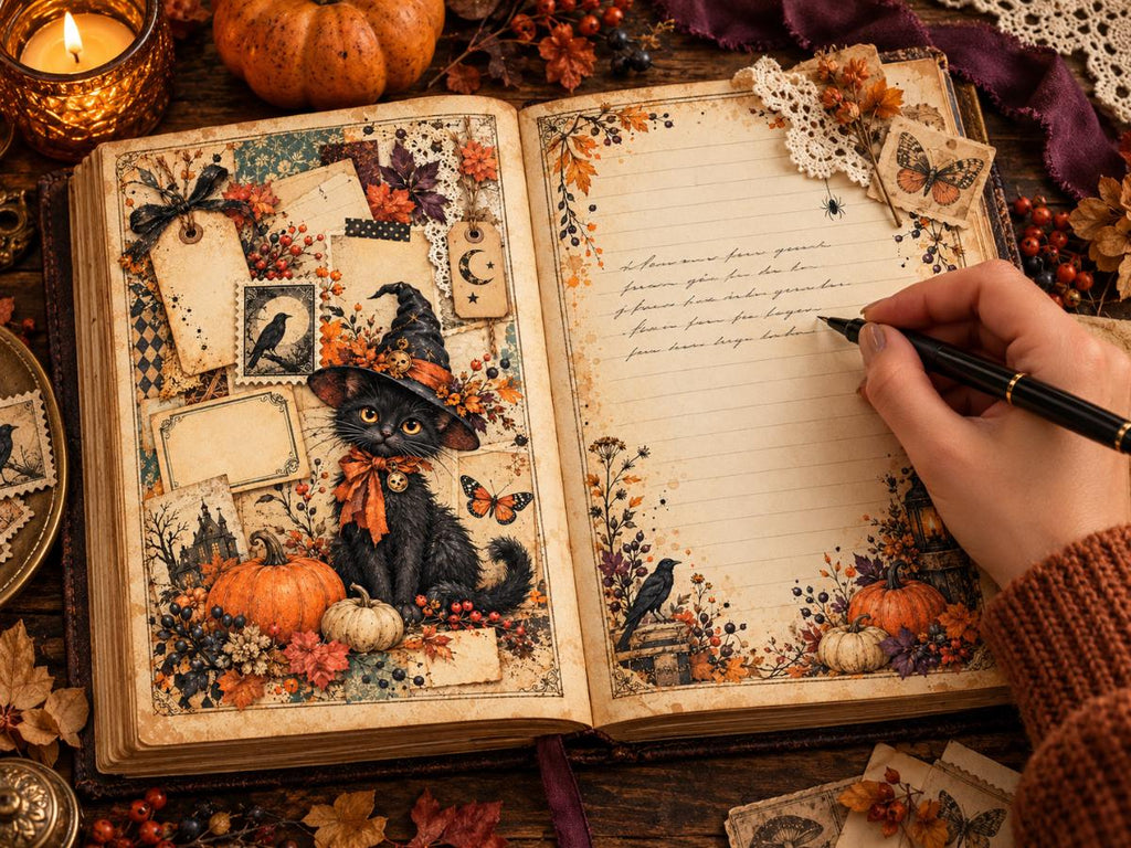 Halloween Junk Journal Pages – Printable Whimsical Landscape Spreads