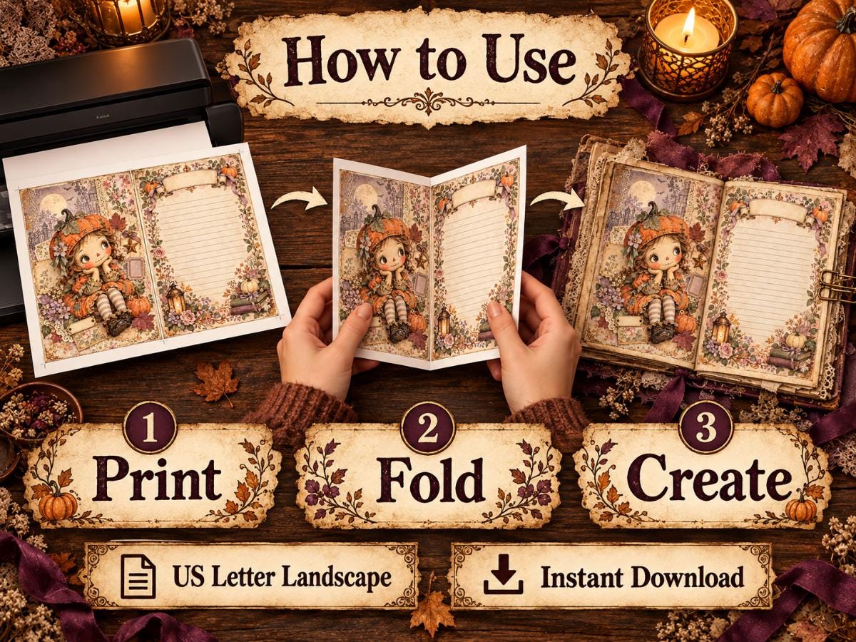 Halloween Junk Journal Pages – Printable Whimsical Landscape Spreads