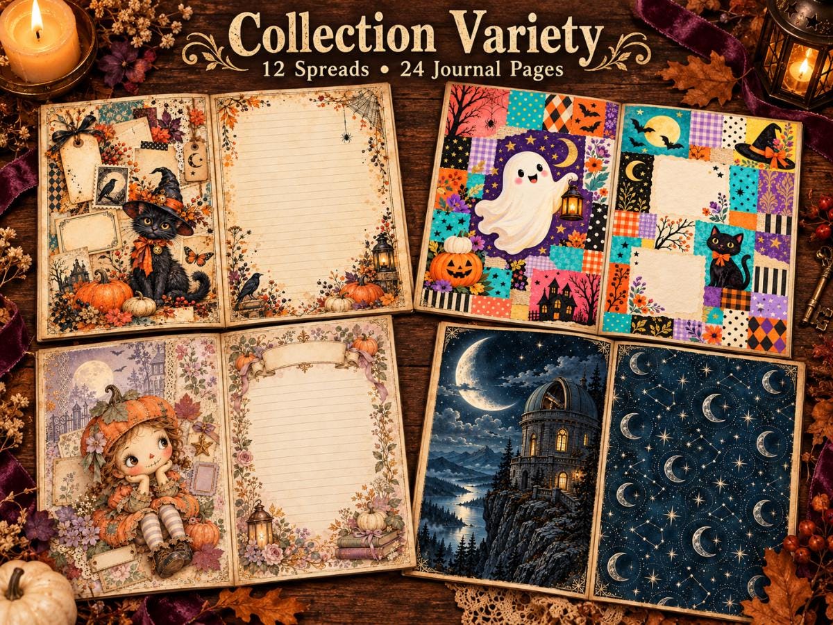 Halloween Junk Journal Pages – Printable Whimsical Landscape Spreads