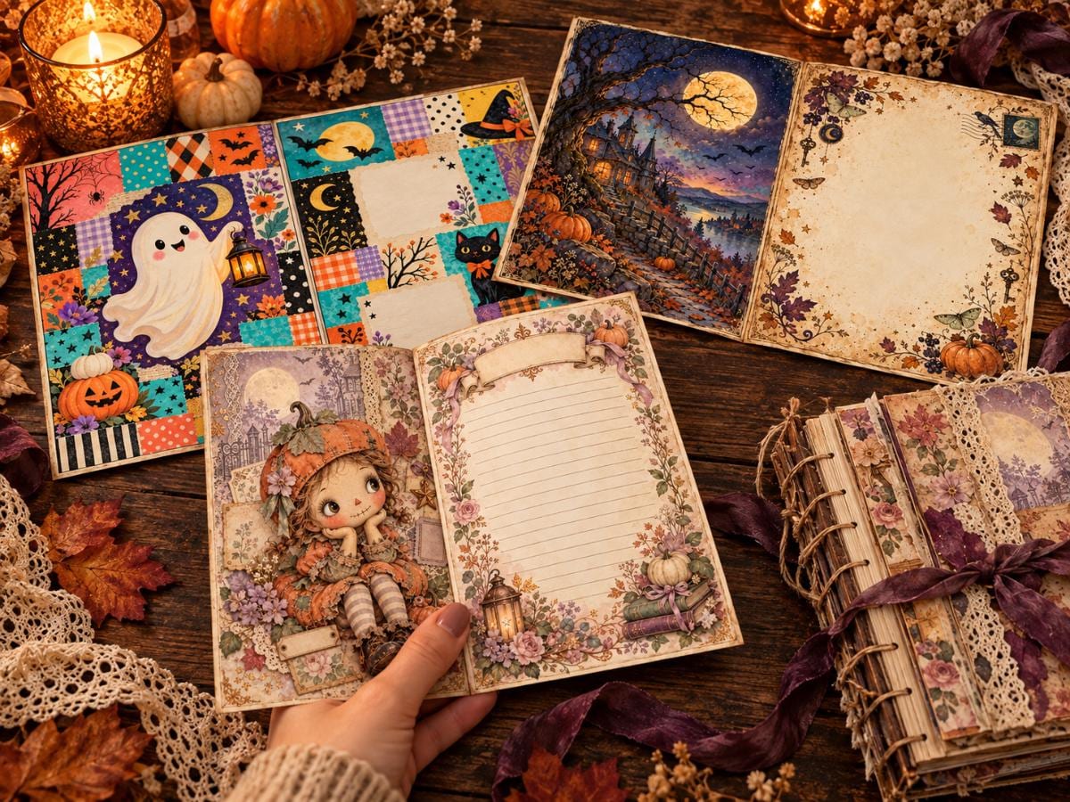 Halloween Junk Journal Pages – Printable Whimsical Landscape Spreads