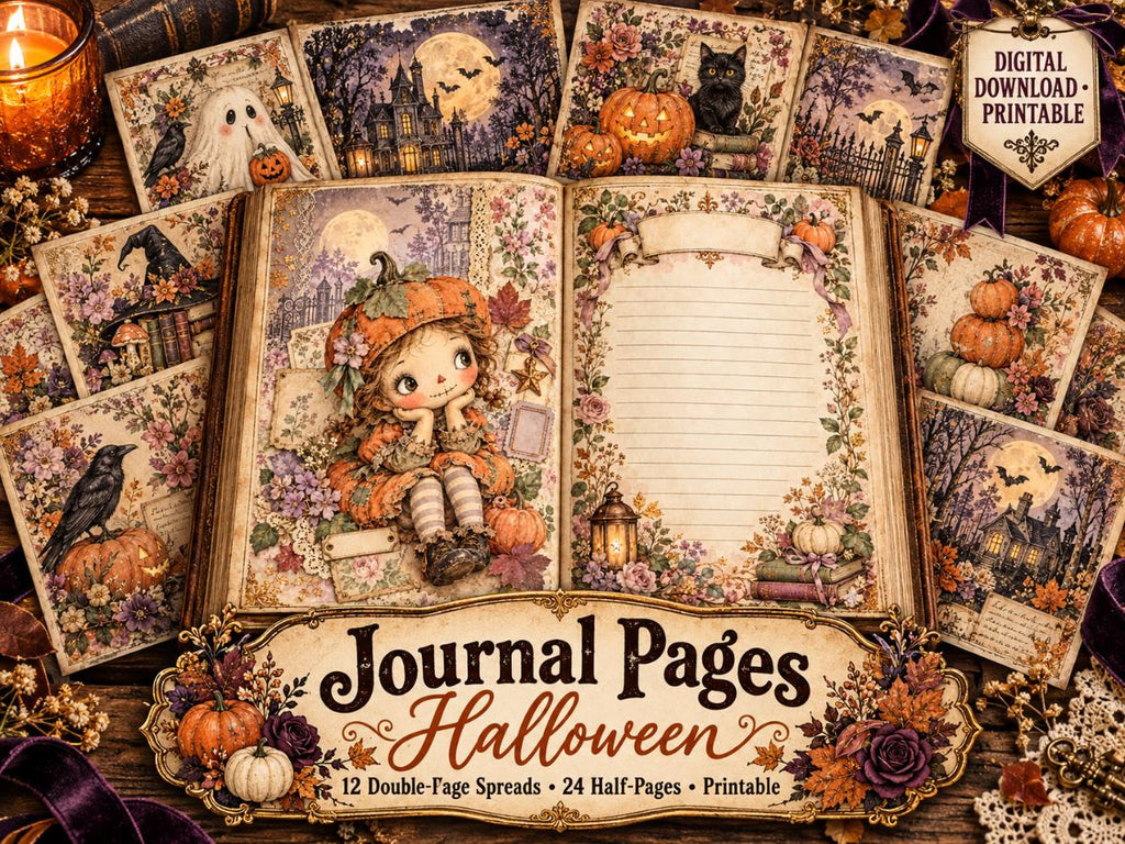 Halloween Junk Journal Pages – Printable Whimsical Landscape Spreads