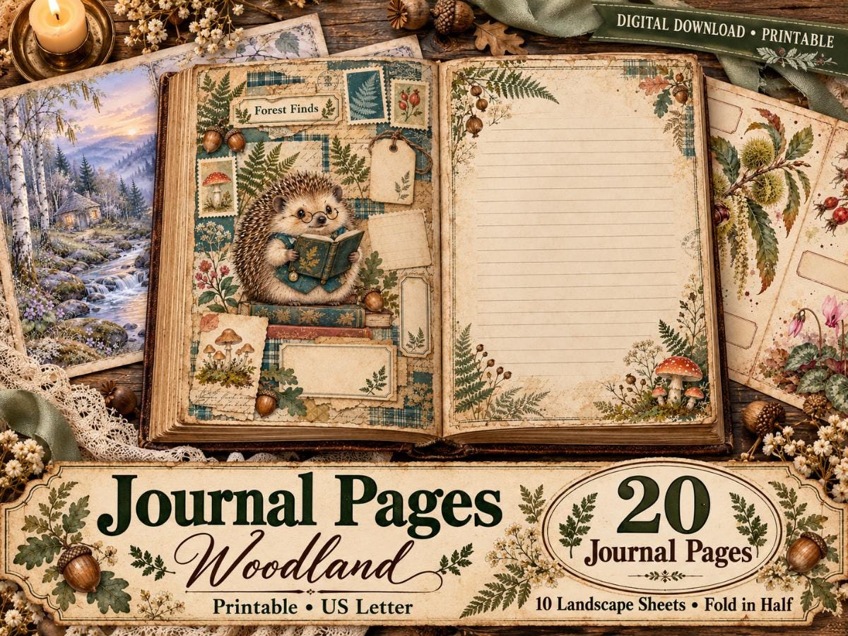 Woodland Junk Journal Pages – Printable Forest Landscape Spreads
