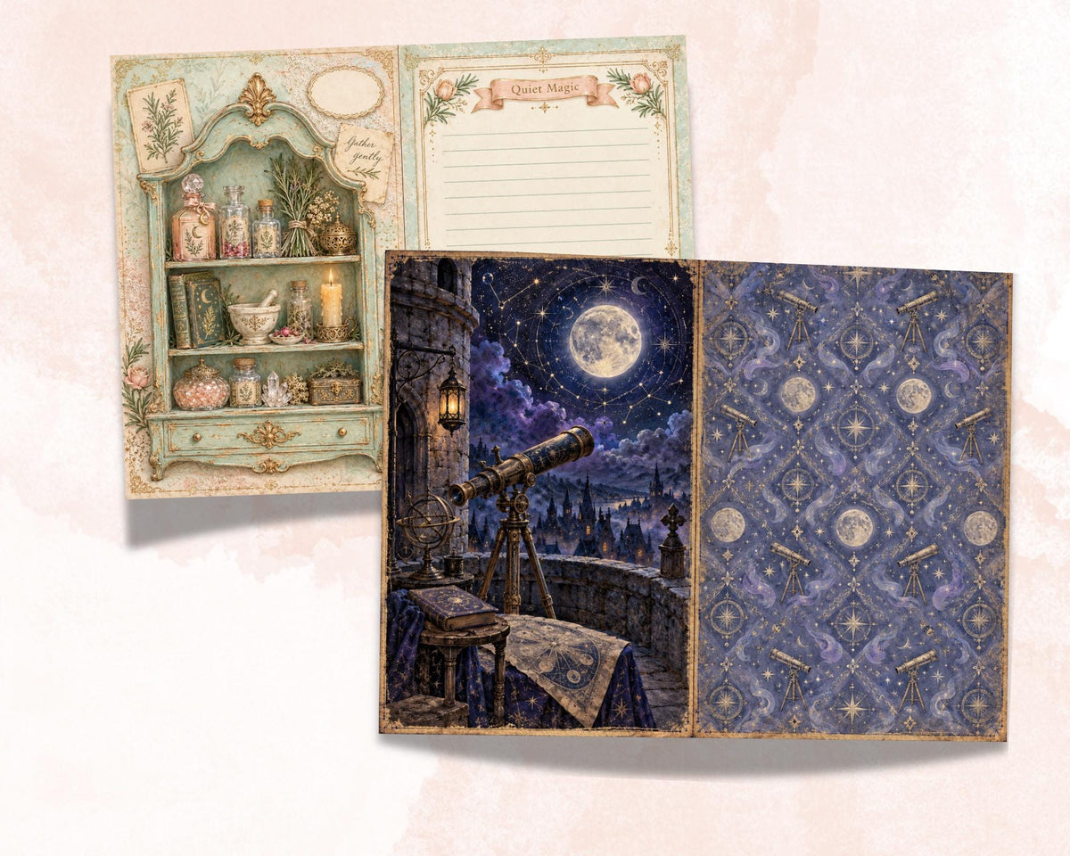 Witchy Junk Journal Pages – Printable Old Witch Landscape Spreads