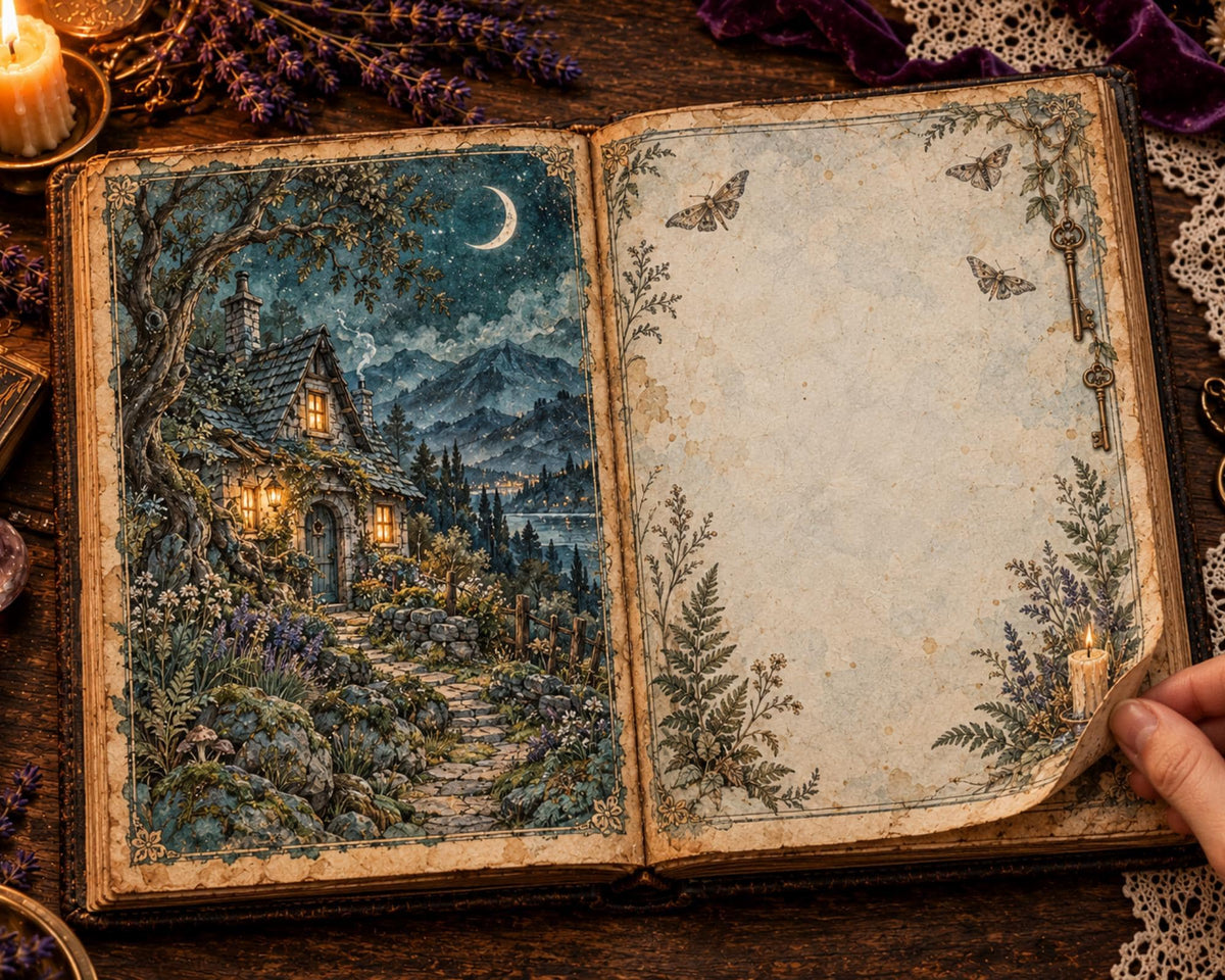 Witchy Junk Journal Pages – Printable Old Witch Landscape Spreads