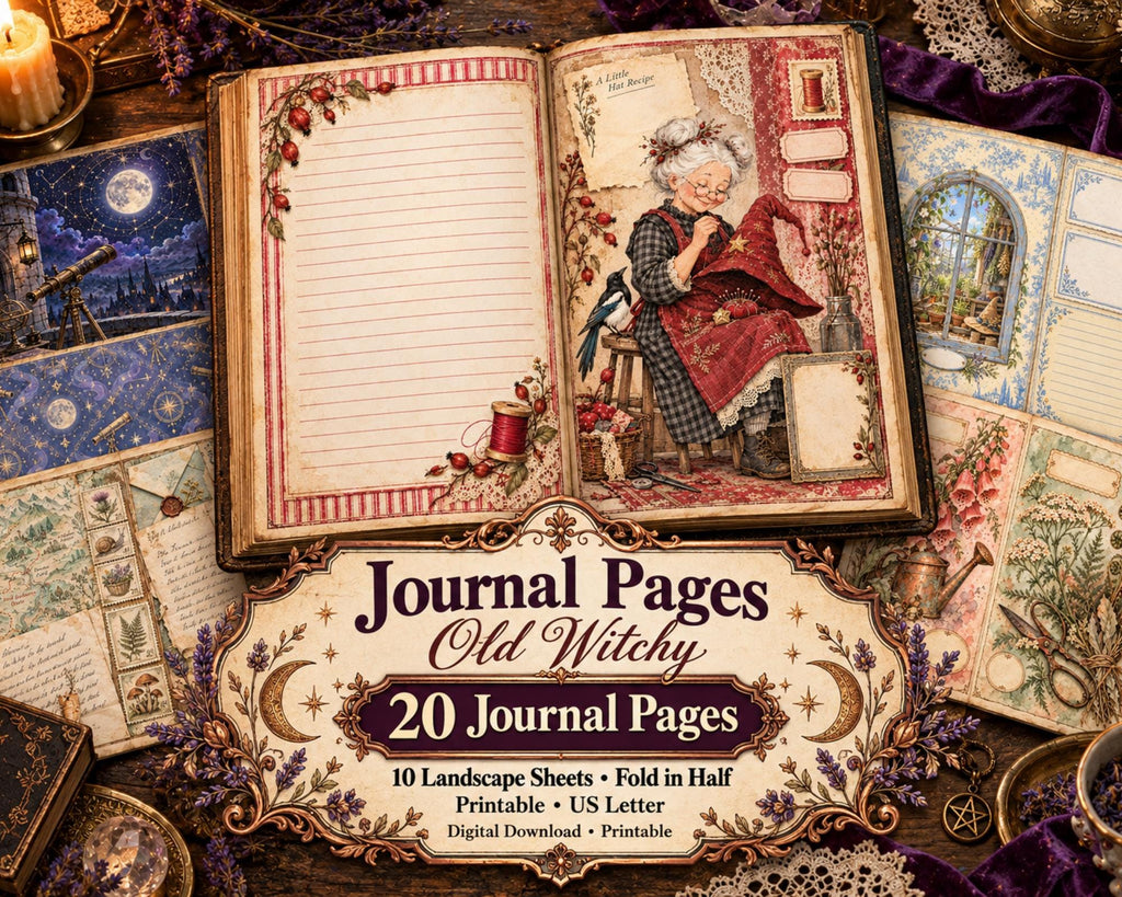 Witchy Junk Journal Pages – Printable Old Witch Landscape Spreads