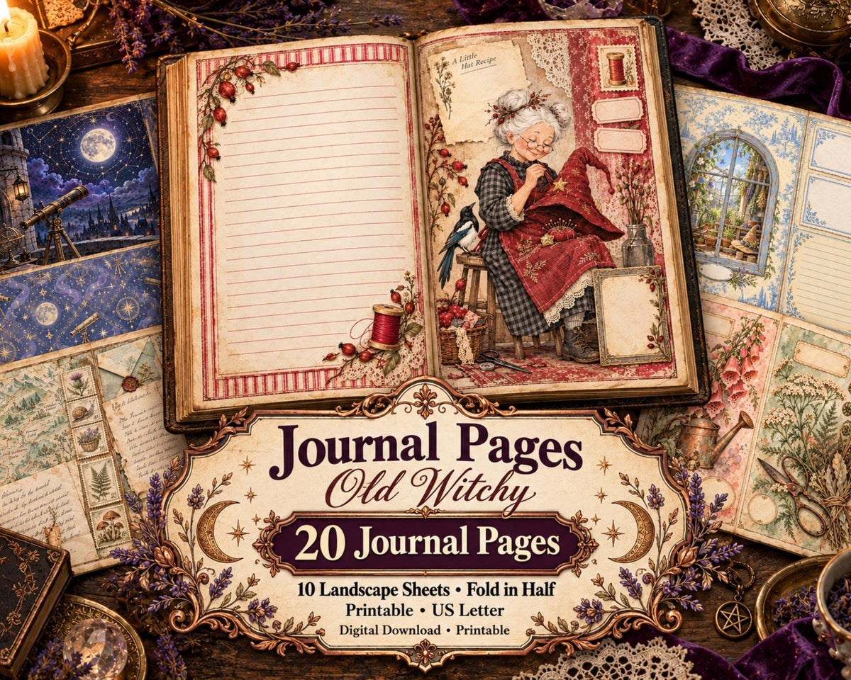 Witchy Junk Journal Pages – Printable Old Witch Landscape Spreads